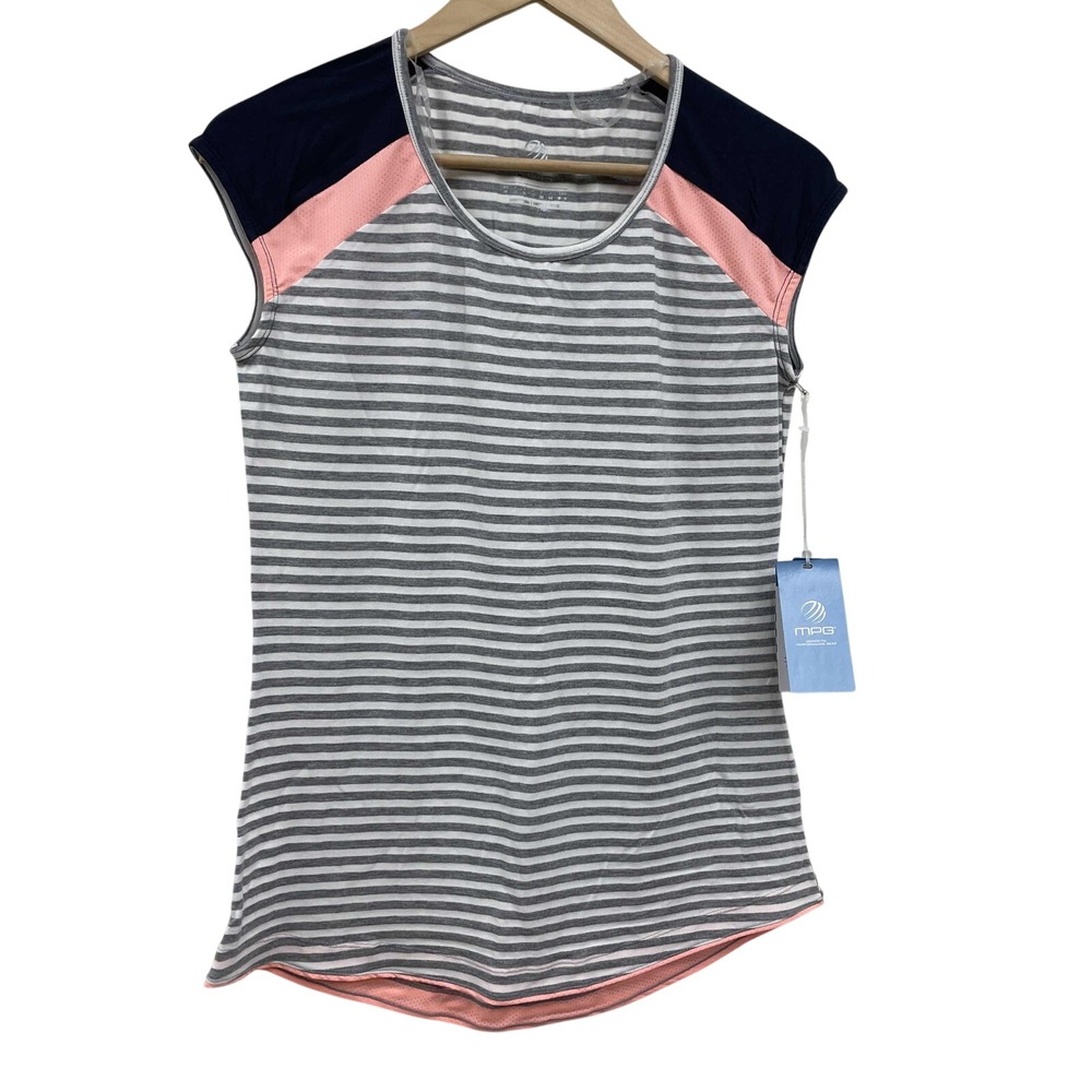 MPG Mondetta Striped Boat Neck Top‎ Ash Combo Grey Navy Coral Mesh M MPUPFS4LT30